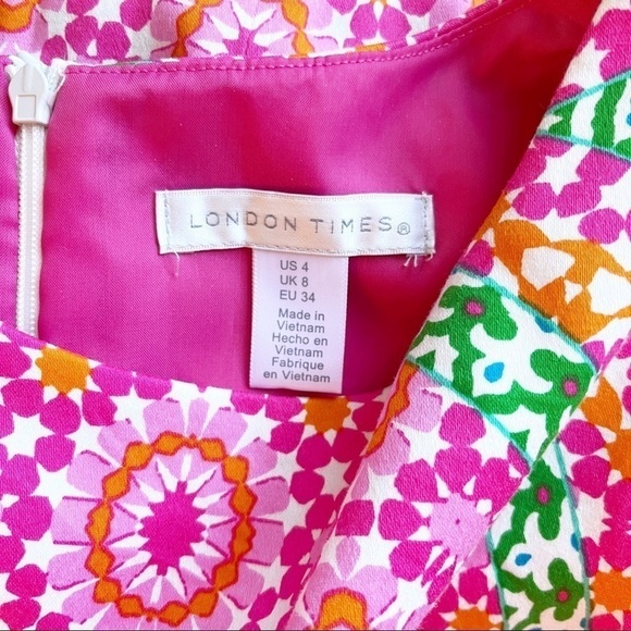 LONDON TIMES Mosaic Print Sleeveless Shift Dress Size 4 in Bright Pink Print - Picture 13 of 14